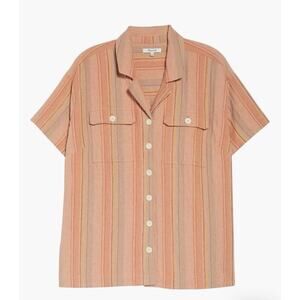 Madewell Stripe Stretch Cotton & Linen Camp Shirt Crinkle Fabric, Size 3X NEW